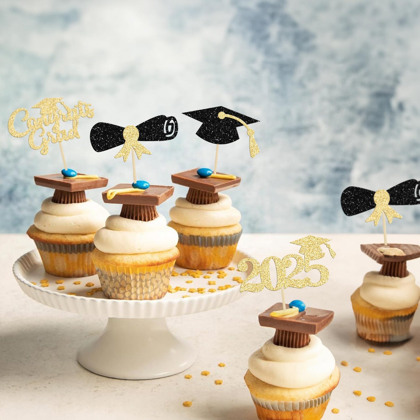 Gyufise 24Pcs 2025 Graduation Cupcake Toppers Black Glitter Congrats Grad 2025 Graduation Cap Diploma Cupcake Picks 2025 Graduat