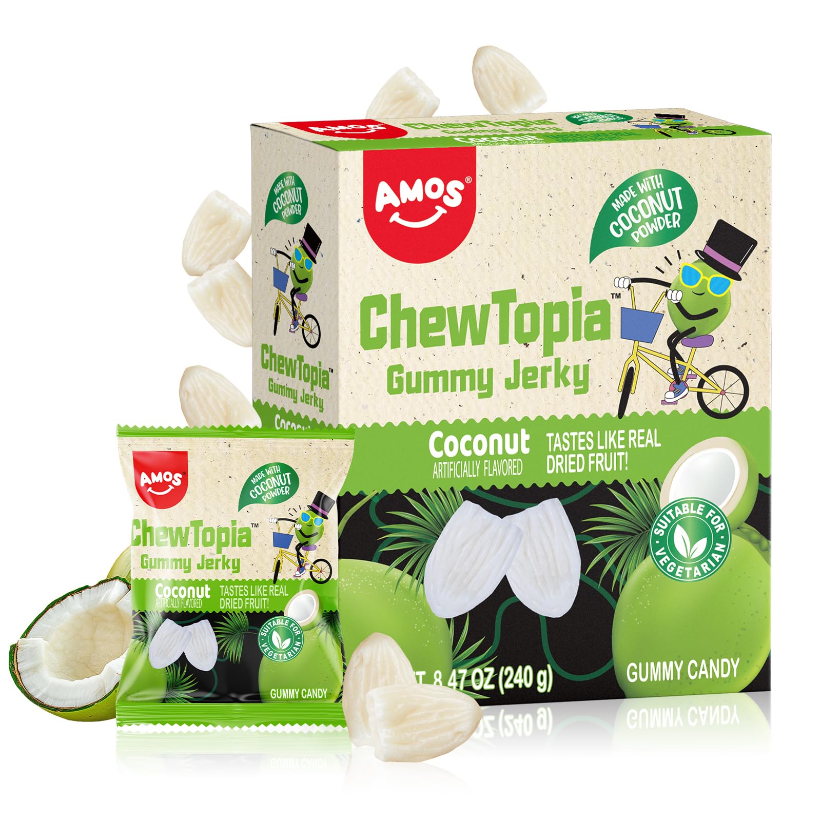 Amos ChewTopia Coconut Gummy Jerky - Vegan Chewy Fruit Snack, Tastes Like Real Dried Fruit, Easter Candy, 8.47oz Box with 9 Shar