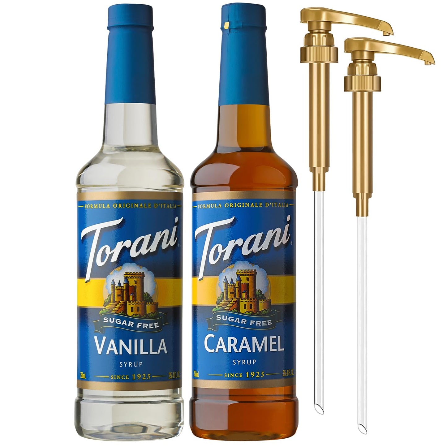 Torani Sugar Free Caramel Syrup and Sugar Free Vanilla Syrup Variety 2-Pack, Coffee Syrups for Drinks, Pumps Included, 25.4 Fl O