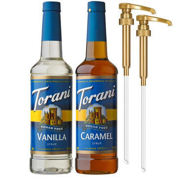 Torani Sugar Free Caramel Syrup and Sugar Free Vanilla Syrup Variety 2-Pack, Coffee Syrups for Drinks, Pumps Included, 25.4 Fl O
