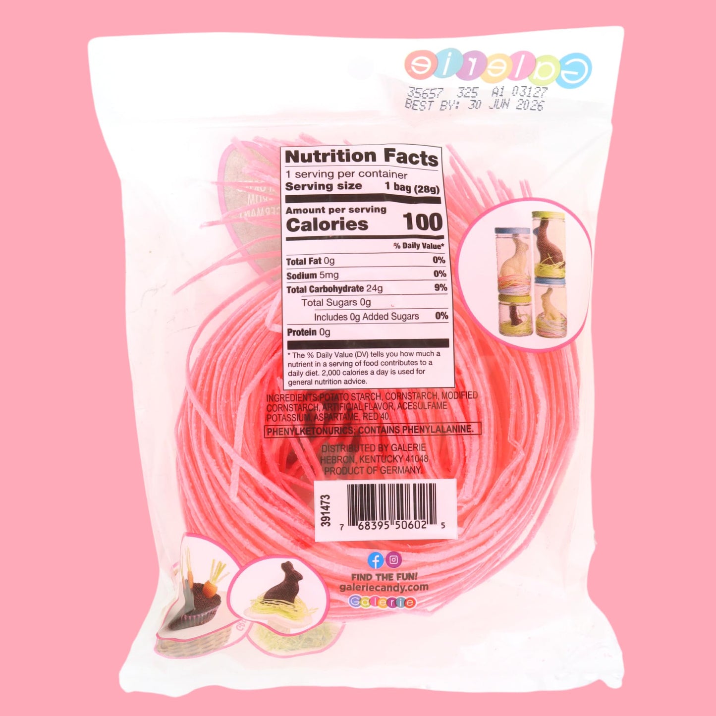 Edible Pink Candy Grass, Fruit Flavored Cake And Cupcake Toppers, Basket Stuffers, Pack Of 3 (Strawberry)