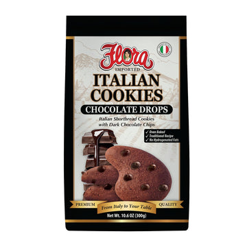 Flora Italian Cookies Chocolate Drops - Italian Shortbread Cookies with Dark Chocolate Chips - Traditional Recipe - No Hydrogena