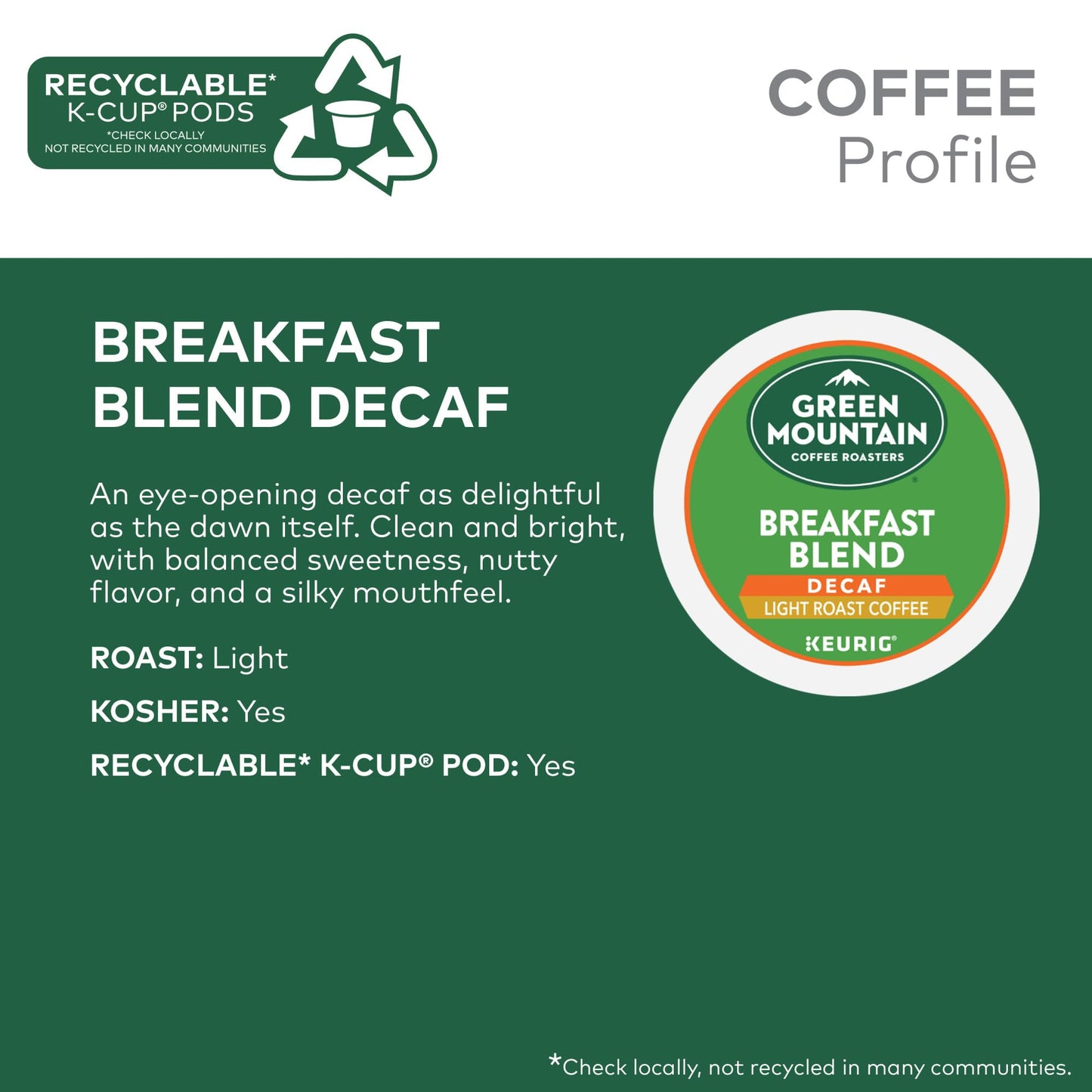 Green Mountain Coffee Roasters Breakfast Blend Decaf, Keurig Single Serve K-Cup Pods, Light Roast Coffee, 60 Count, (6 Packs Of