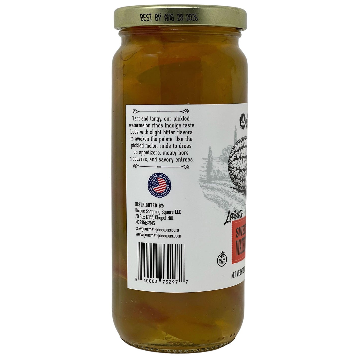 Laras Sweet Pickled Watermelon Rind - Gourmet Pickles in 20oz Glass Jar, 1.25 lb Pack