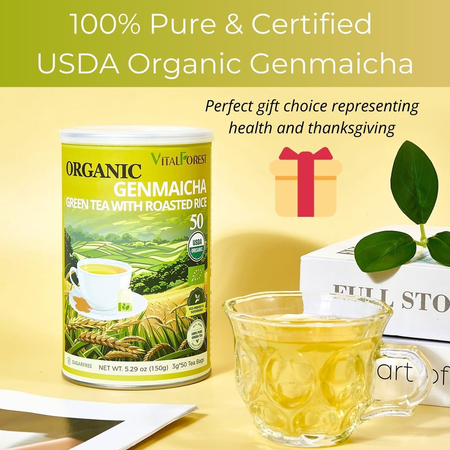 5.29Oz Organic Genmaicha Green Tea With Roasted Rice, 50 Count, Unbleached, Eco-Conscious Genmaicha Tea Bags, Vitalforest Roaste
