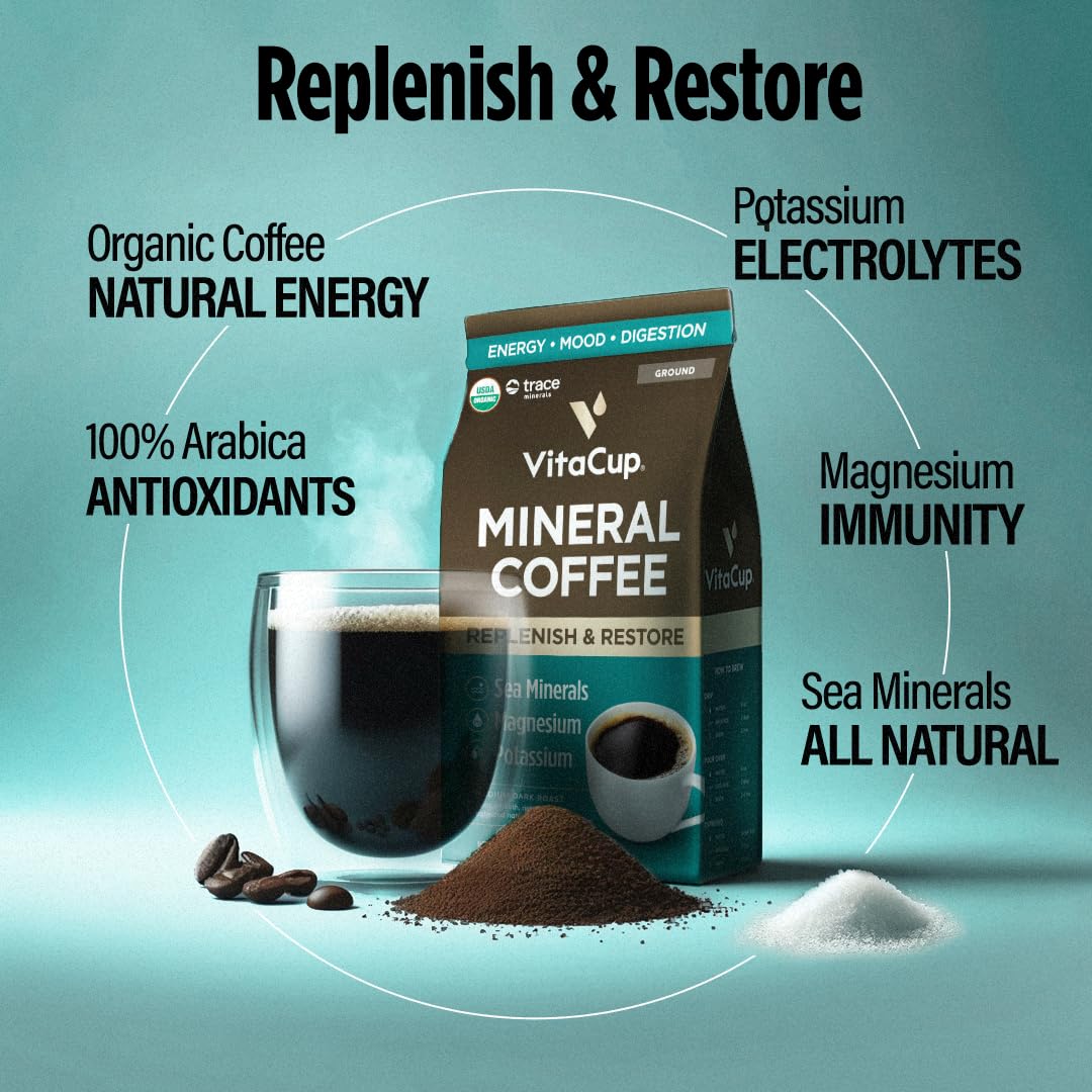 VitaCup Mineral Coffee, Medium Dark Roast, Ground Coffee, 10oz (Pack of 6), All Natural Sea Minerals and Electrolytes
