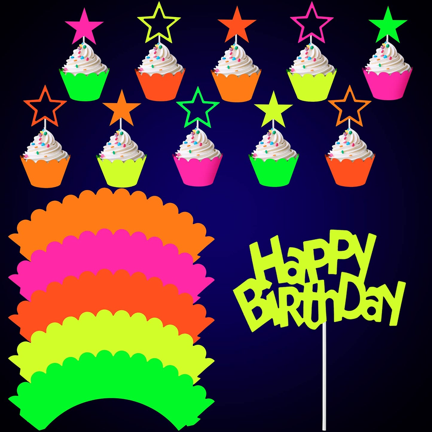 41 Pieces Glow Neon Birthday Party Decorations, Includes Yellow Happy Birthday Cake Topper Neon Cupcake Wrappers And Hollowed Ou