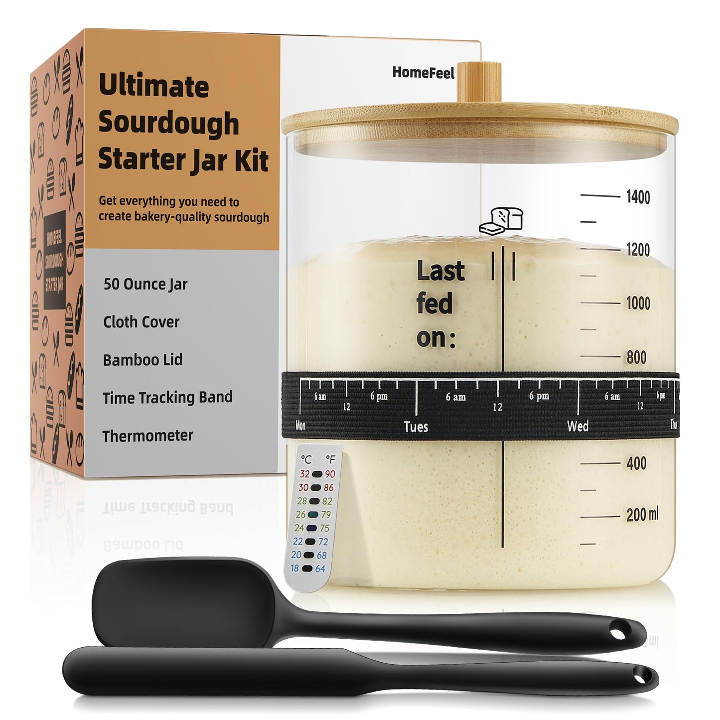 HomeFeel Sourdough Starter Jar - 50 oz Glass Jar with Bamboo Lid, Cloth Cover, Date Tracker, Thermometer, Clear