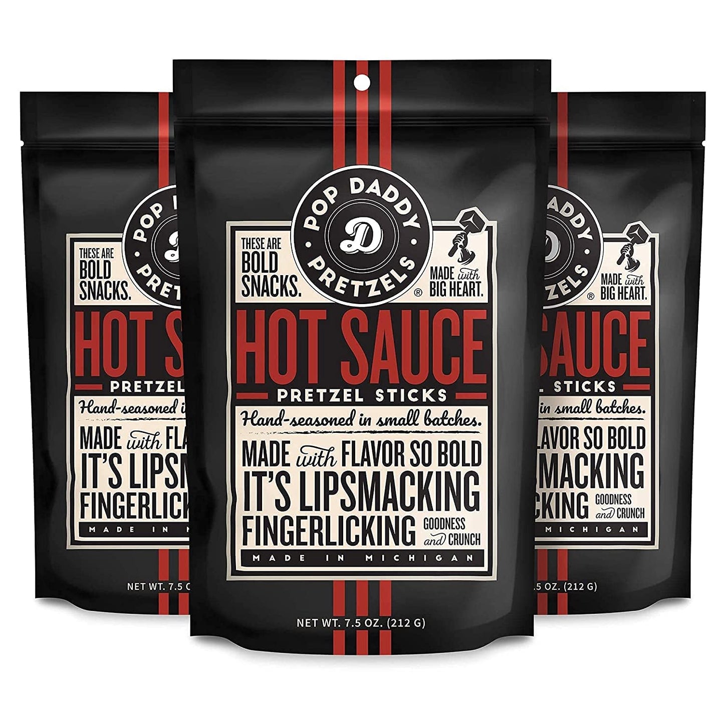 POP DADDY Pretzel Sticks | Flavored Gourmet Snacks | 7.5oz Individual Bags | 3 Pack | Hot Sauce