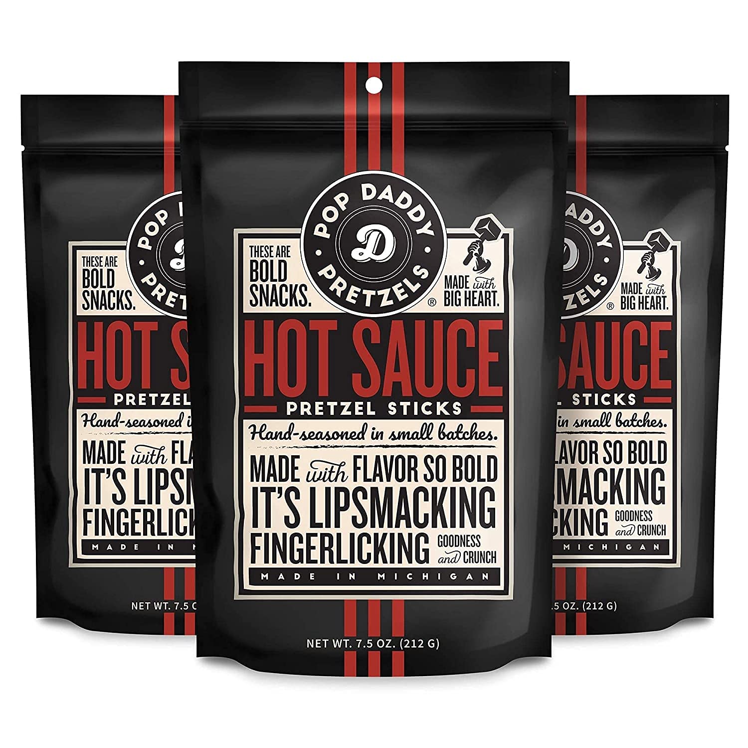 POP DADDY Pretzel Sticks | Flavored Gourmet Snacks | 7.5oz Individual Bags | 3 Pack | Hot Sauce
