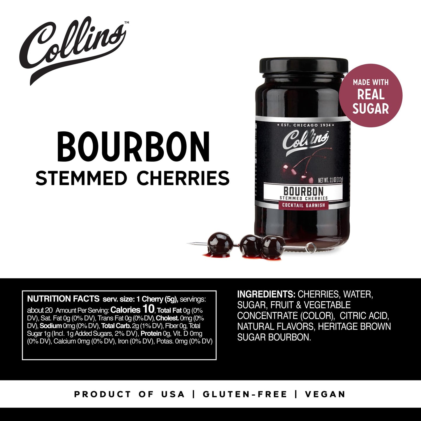 Collins spirit-inspired flavor Cocktail Cherries - Drinks Garnish for Cocktails, 11 Ounce Glass Jar, Black, Model 9044