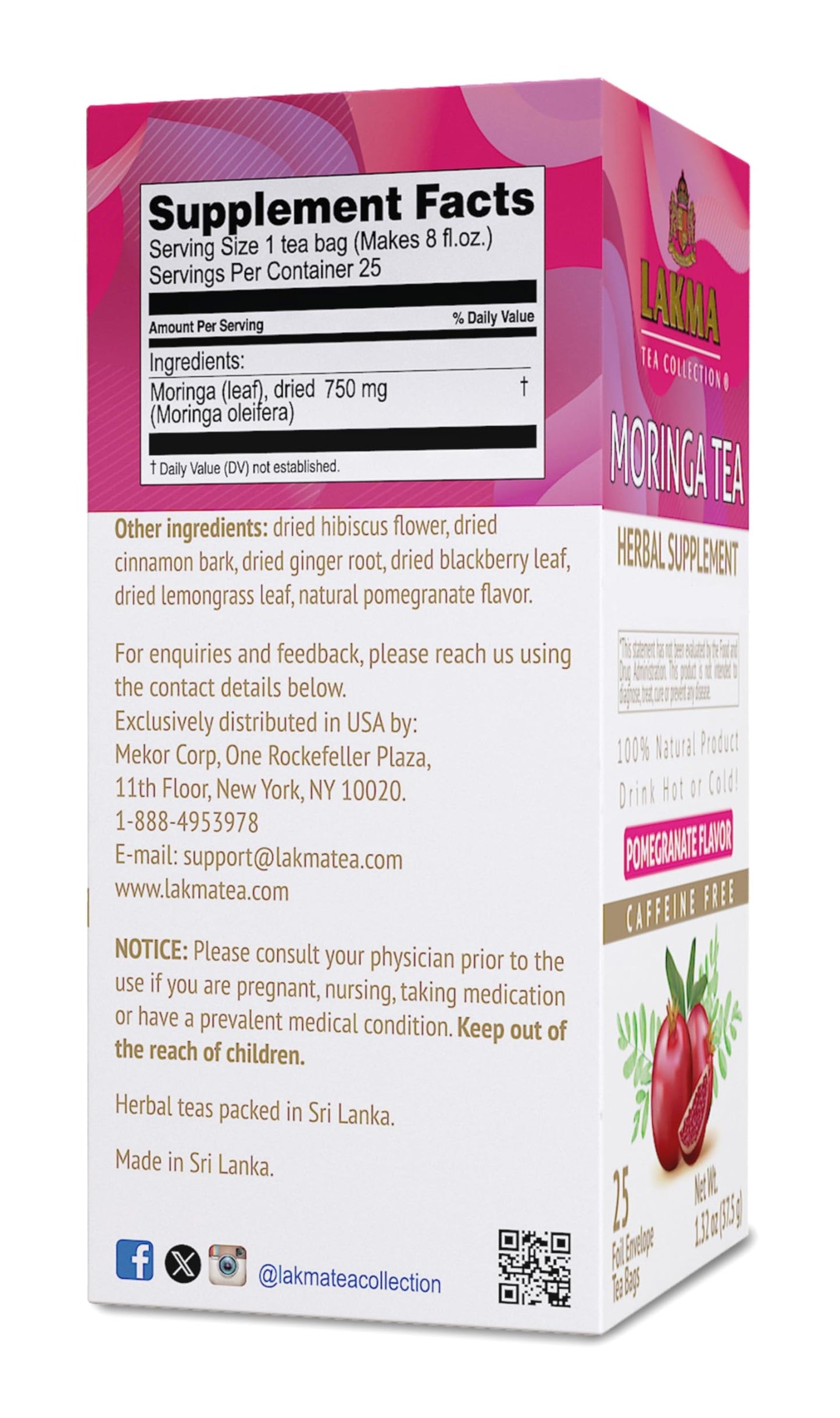 HYLEYS Moringa Oleifera Tea with Pomegranate, 25 Tea Bags per Pack, 6 Packs - Total 150 Tea Bags