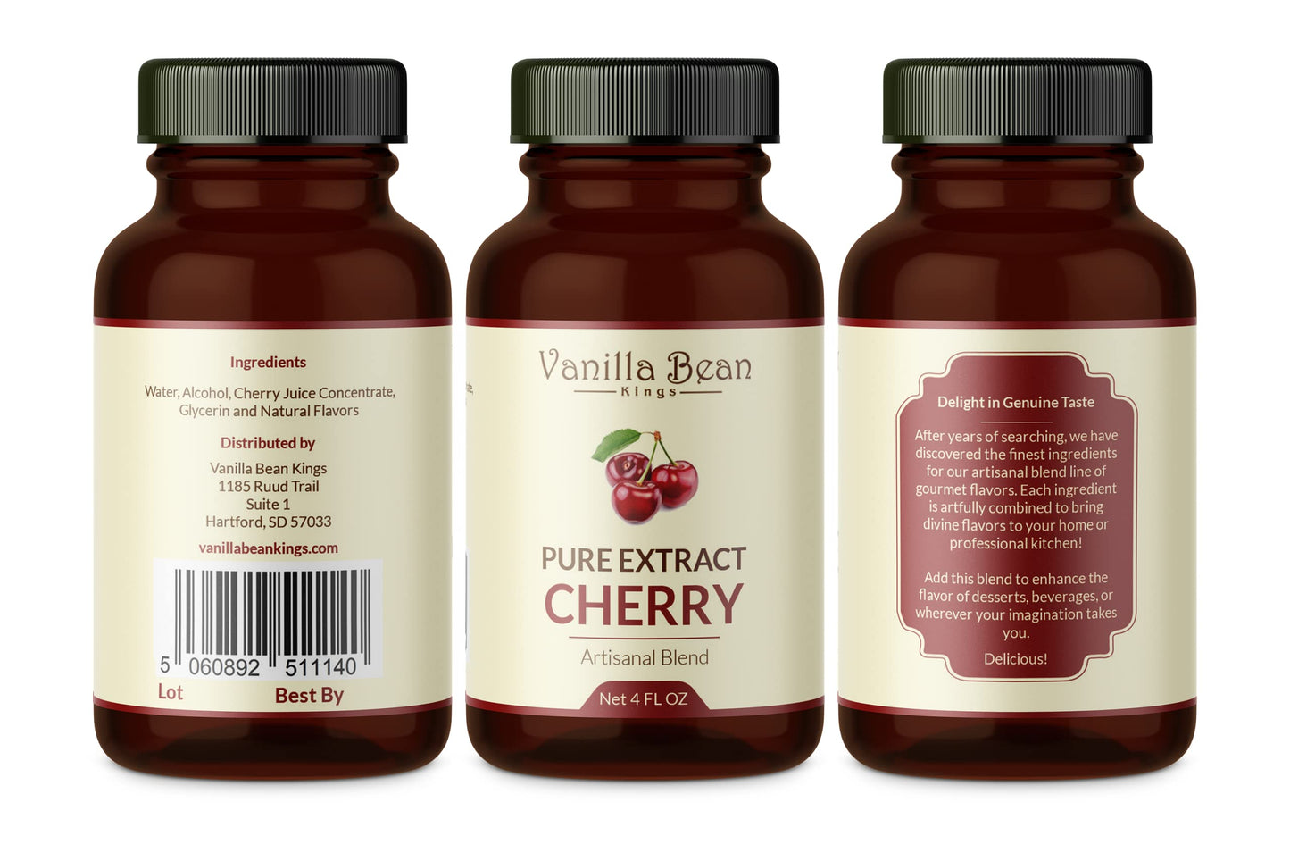 Vanilla Bean Kings Pure Cherry Extract - Natural Flavoring for Baking & Cooking - 4 fl oz