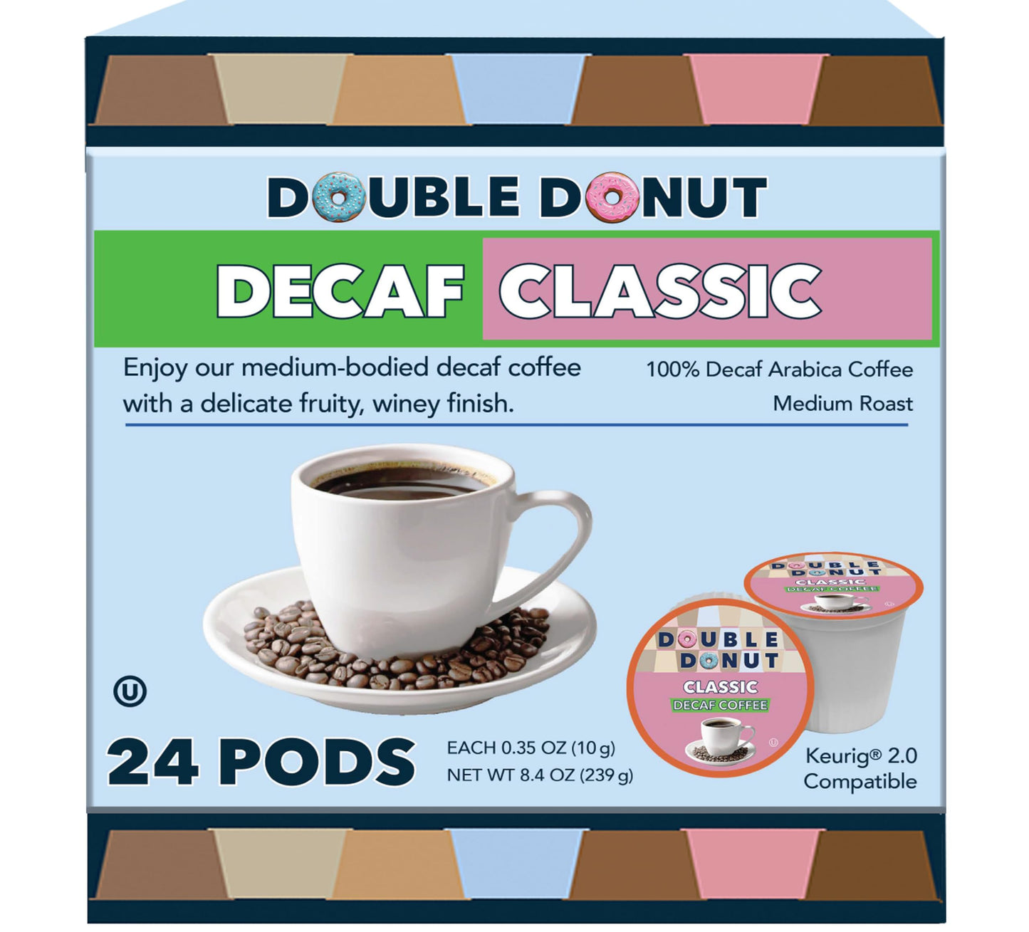 Double Donut Coffee Medium Roast Decaf Coffee Pods for Keurig, 24 Count, Classic Flavor