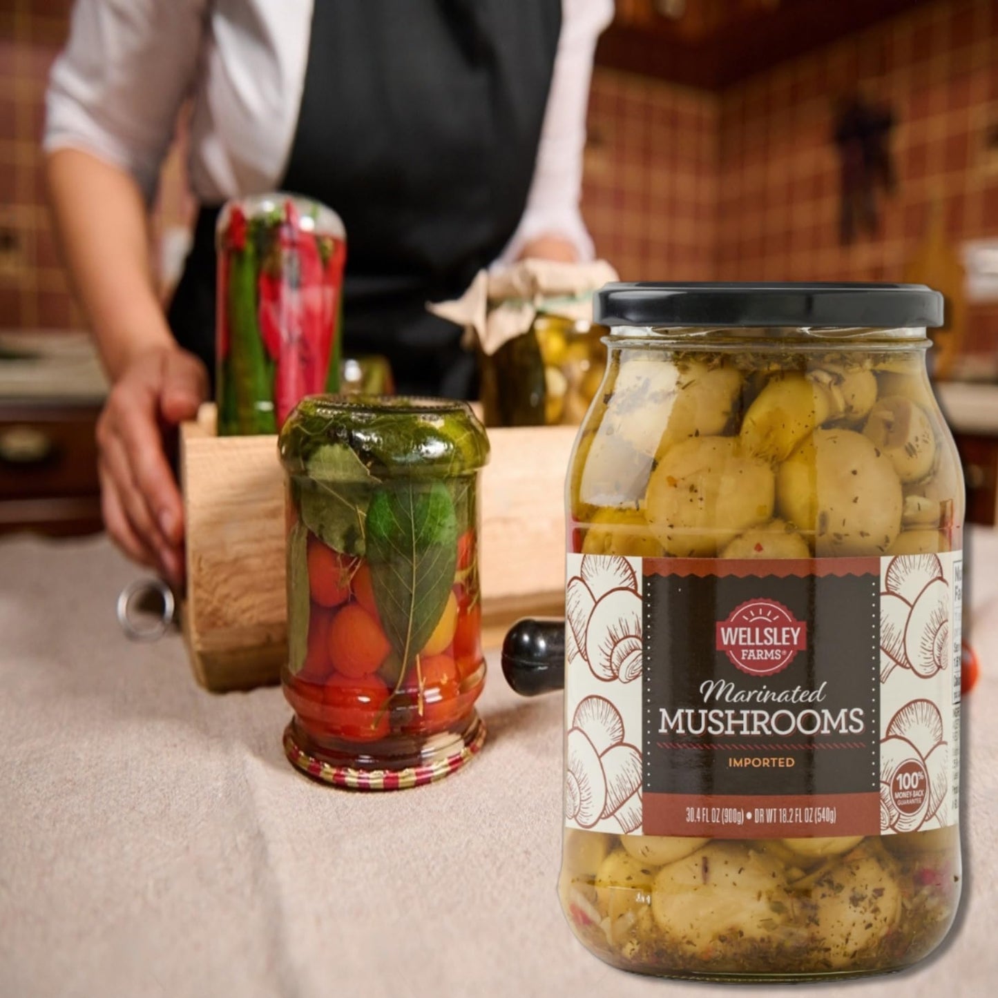 Wellsley Farms Marinated Mushrooms 30.36 Oz (Pack Of 2) - Extra Large Club Size Jars - Perfectly Seasoned, Ideal For Salads, Pas