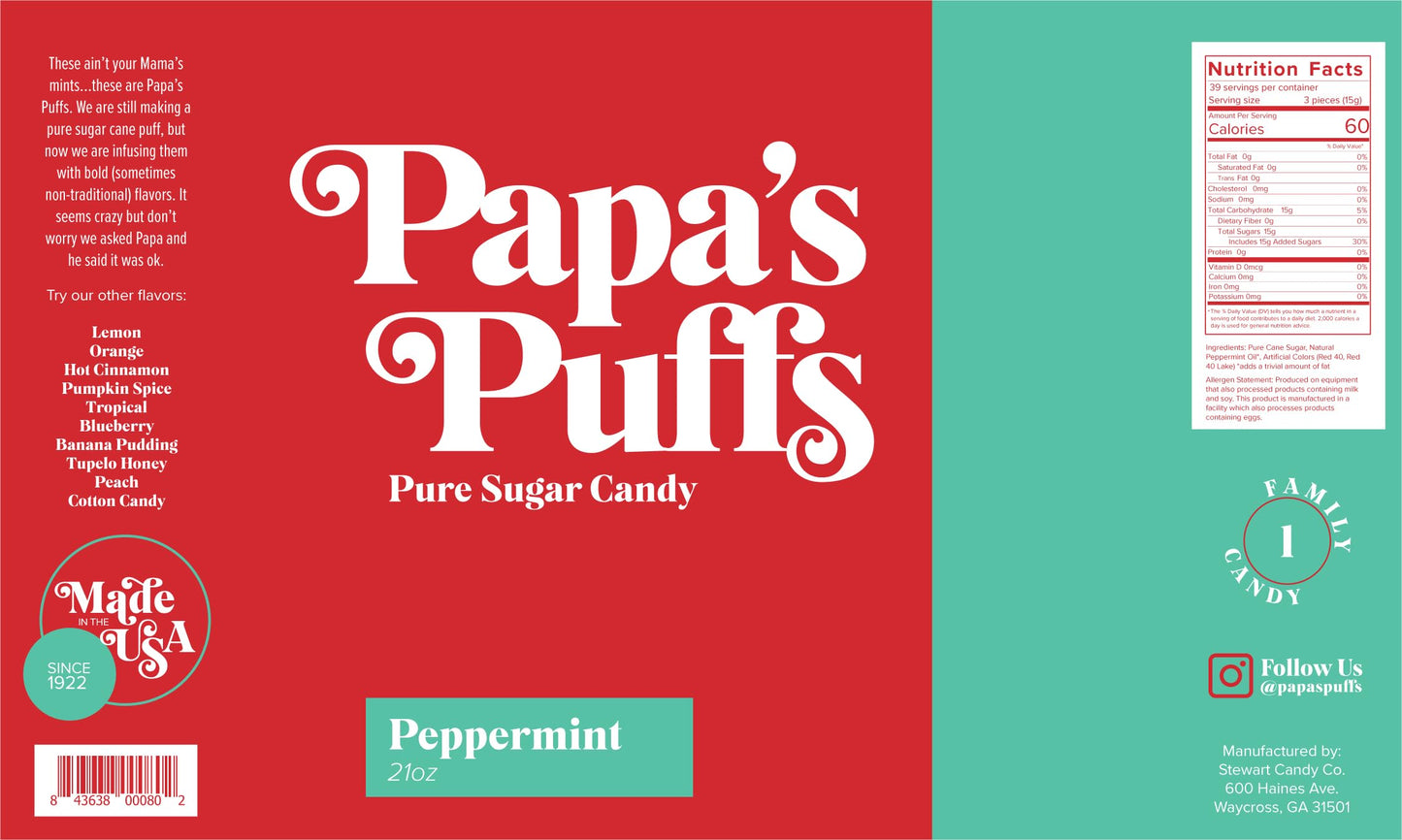 Papa'S Puffs Peppermint Flavored Pure Sugar Candy - Individually Wrapped In Resealable Tub - Fat-Free, Gluten-Free, Cholesterol-