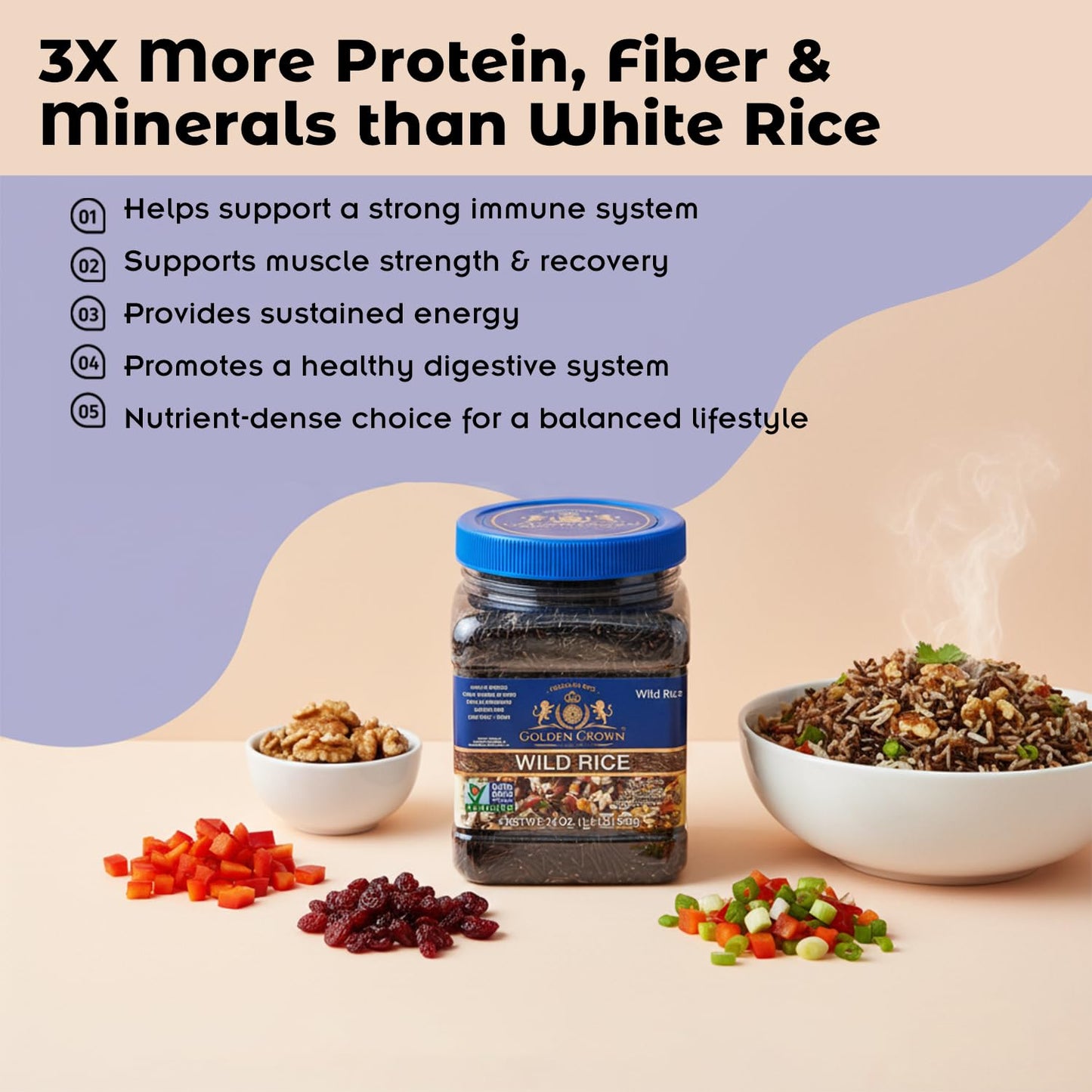 Golden Crown enhanced High Protein Wild Rice  Naturally Aged Gluten + GMO Free Vegan  Tasty and Delicious Low in Calories Grains  Great Source of Fiber and Rich in Magnesium - 24 oz (1.5Lb)
