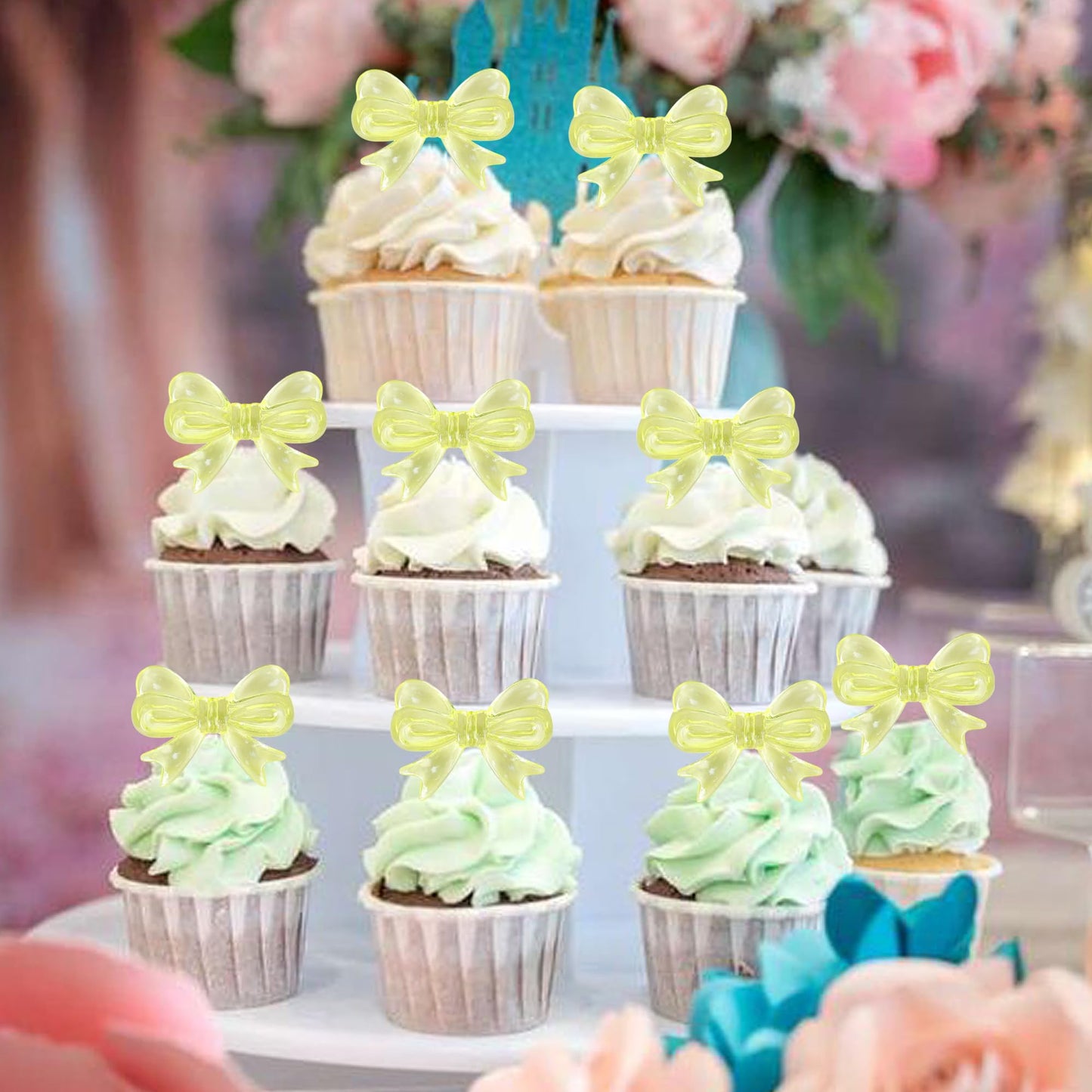 YCTHUNFISH 30 Pack Pink Bow Cupcake Toppers Decorations for Wedding, Bridal Shower, Birthday Party - Yellow