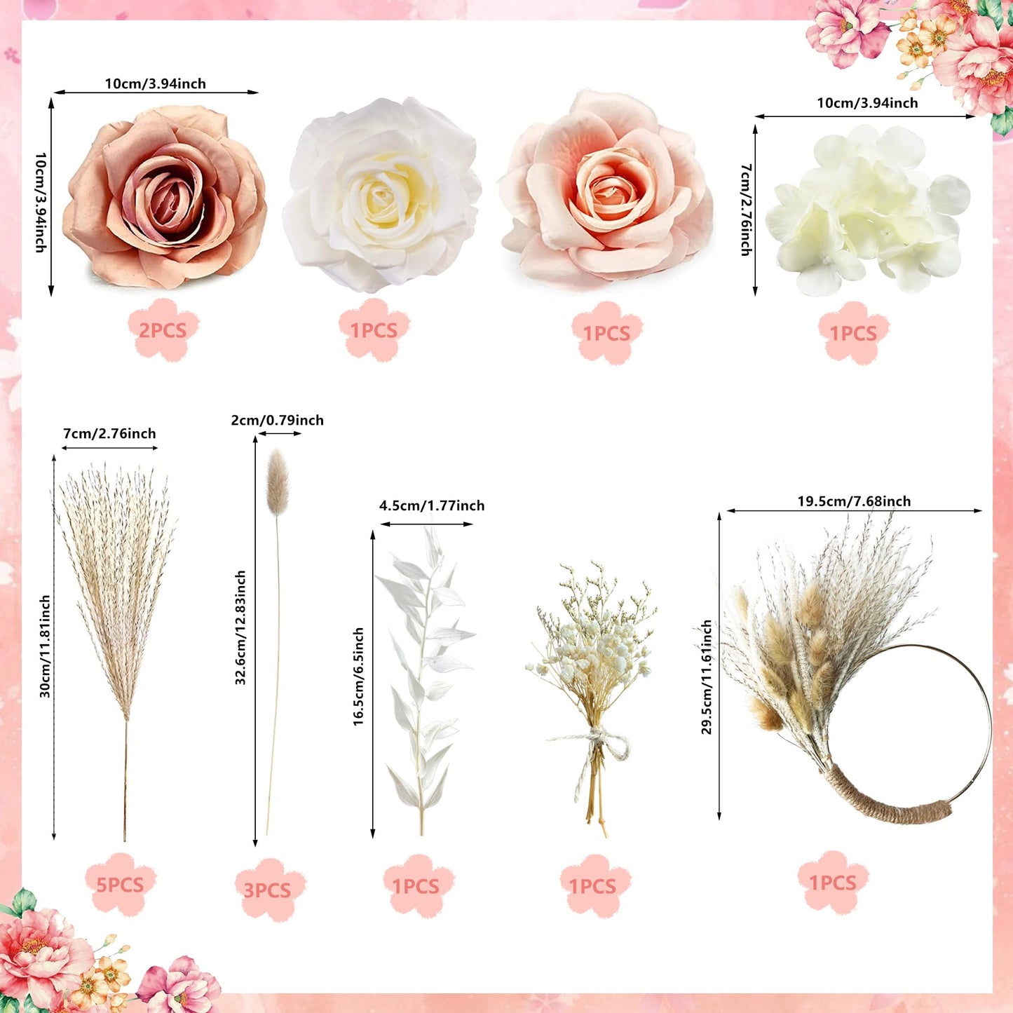 Boho Cake Decorations Flower Cake Toppers Pampas Grass Cake Topper For Wedding Bridal Baby Shower Birthday Party Supplies (Apric