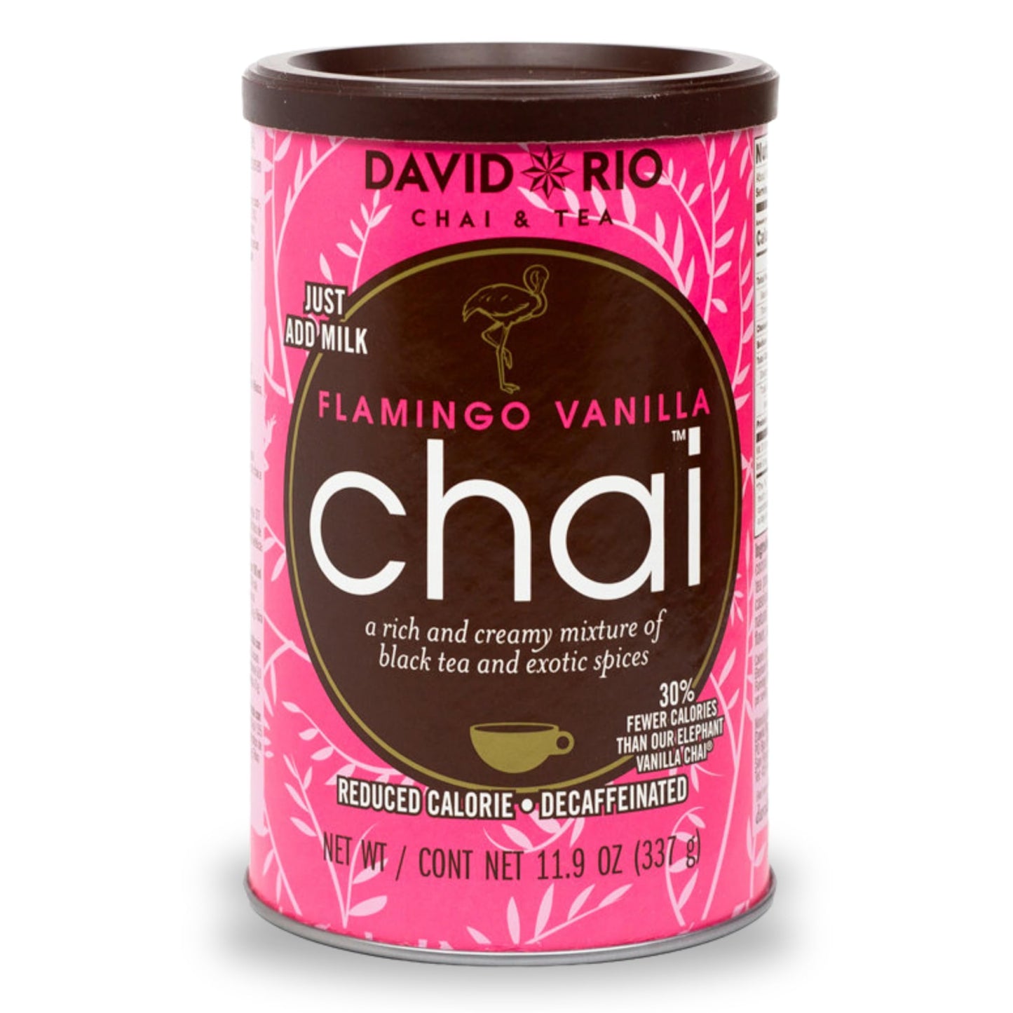 Flamingo Vanilla Decaffeinated Reduced Calorie Chai Tea Latte Mix, 11.9 Oz, Decaf Black Tea, Organic Spices, Sugar Free, Dairy Free, Serve Hot or Cold, Just Add Water or Milk, 18 Servings