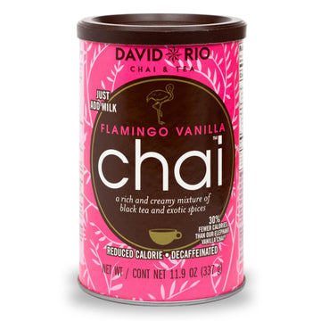 Flamingo Vanilla Decaffeinated Reduced Calorie Chai Tea Latte Mix, 11.9 Oz, Decaf Black Tea, Organic Spices, Sugar Free, Dairy Free, Serve Hot or Cold, Just Add Water or Milk, 18 Servings