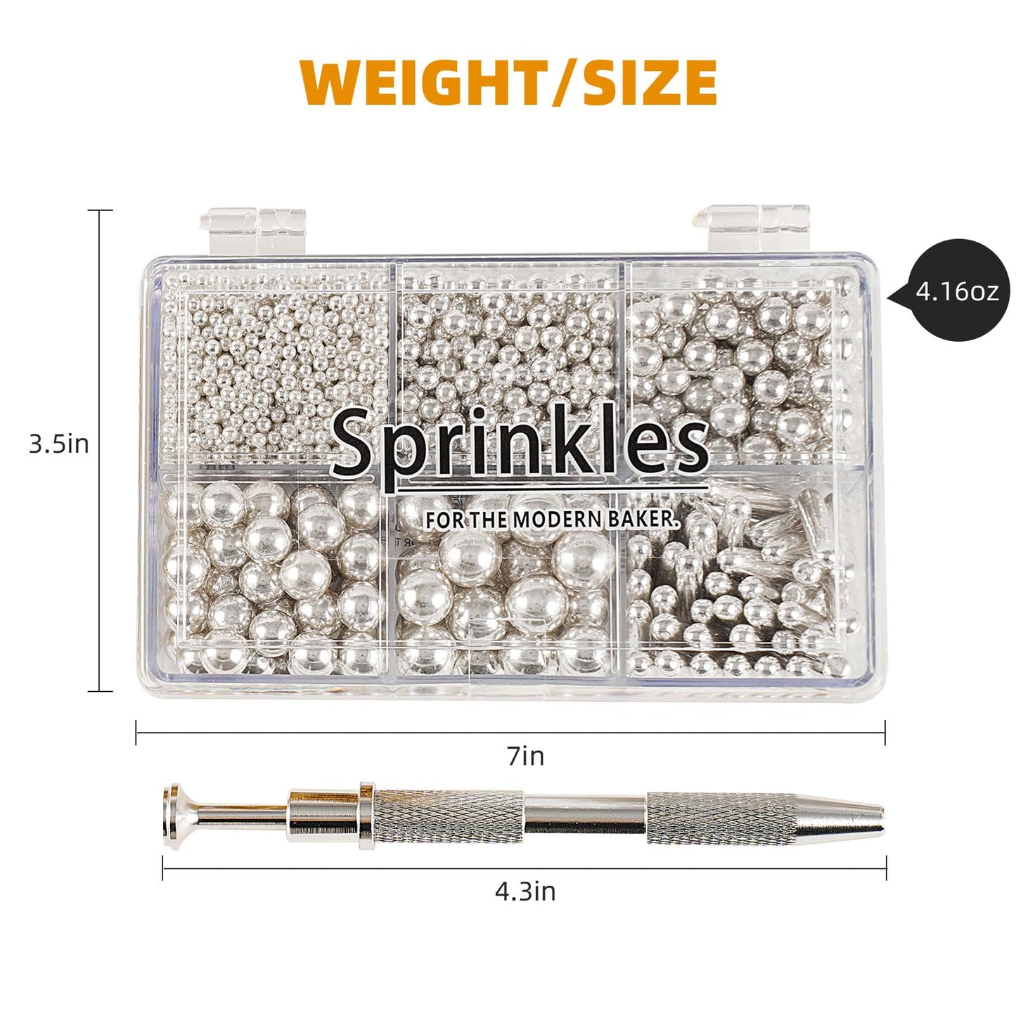 Kasvan Silver Mix Sugar Sprinkles - Edible Candy Pearls With 4-Claw Sprinkle Pen,118G/4.16 Oz, Gift Box Pack, Baking Cake Decora