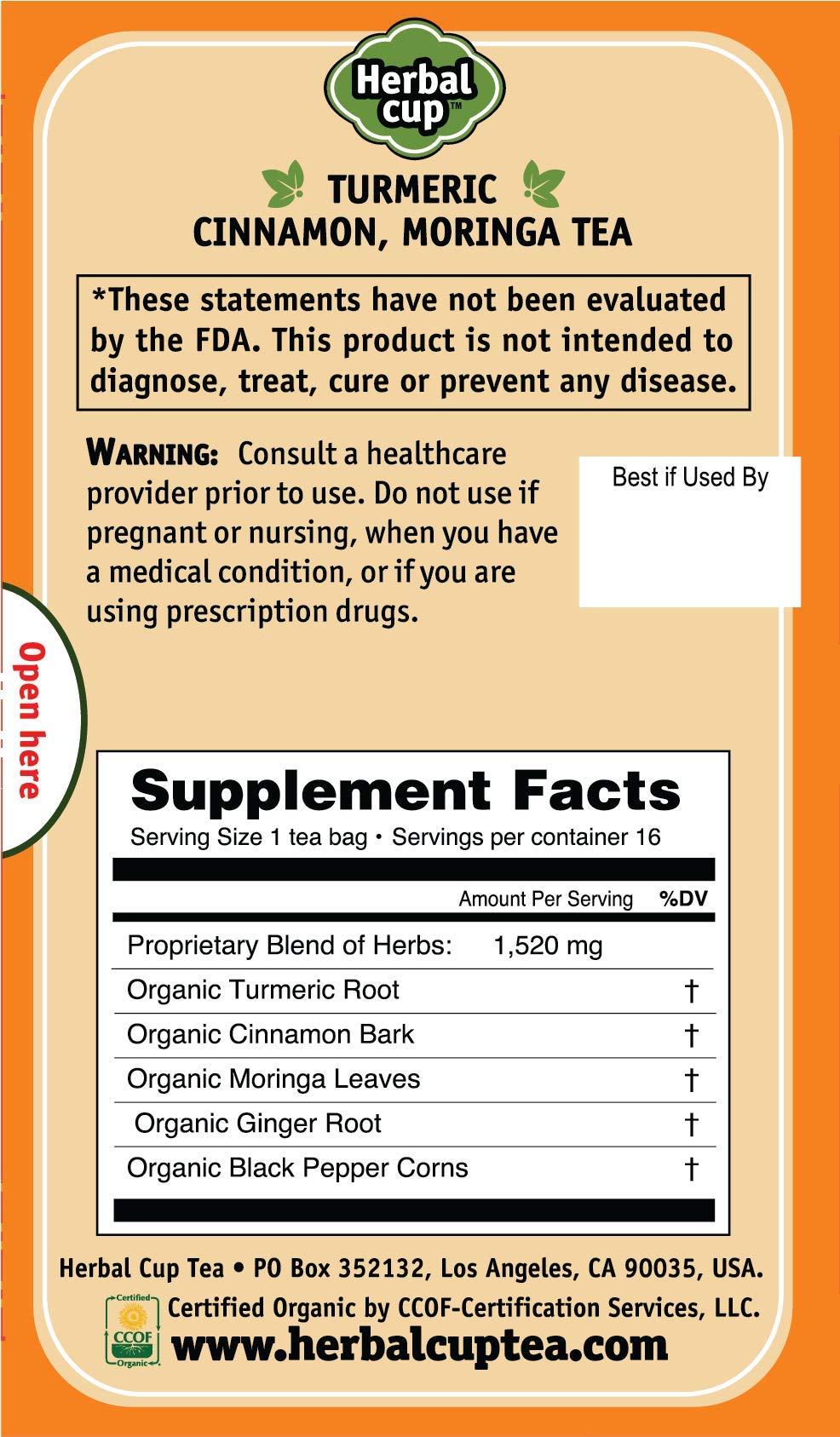Herbal Cup Turmeric Tea, Organic Cinnamon Moringa, Caffeine-Free, 16 Count, Pack of 6