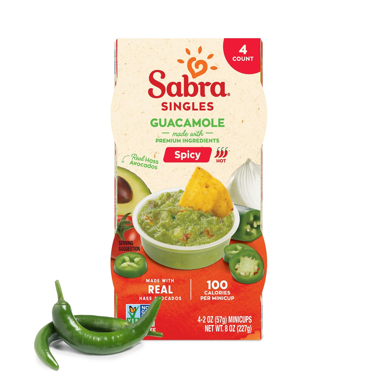 Sabra Spicy Guacamole Dip Cups for On the Go Snacks & Lunches, 2 Oz Singles (Pack of 4) - Made with Real Hass Avocado - Non-GMO,