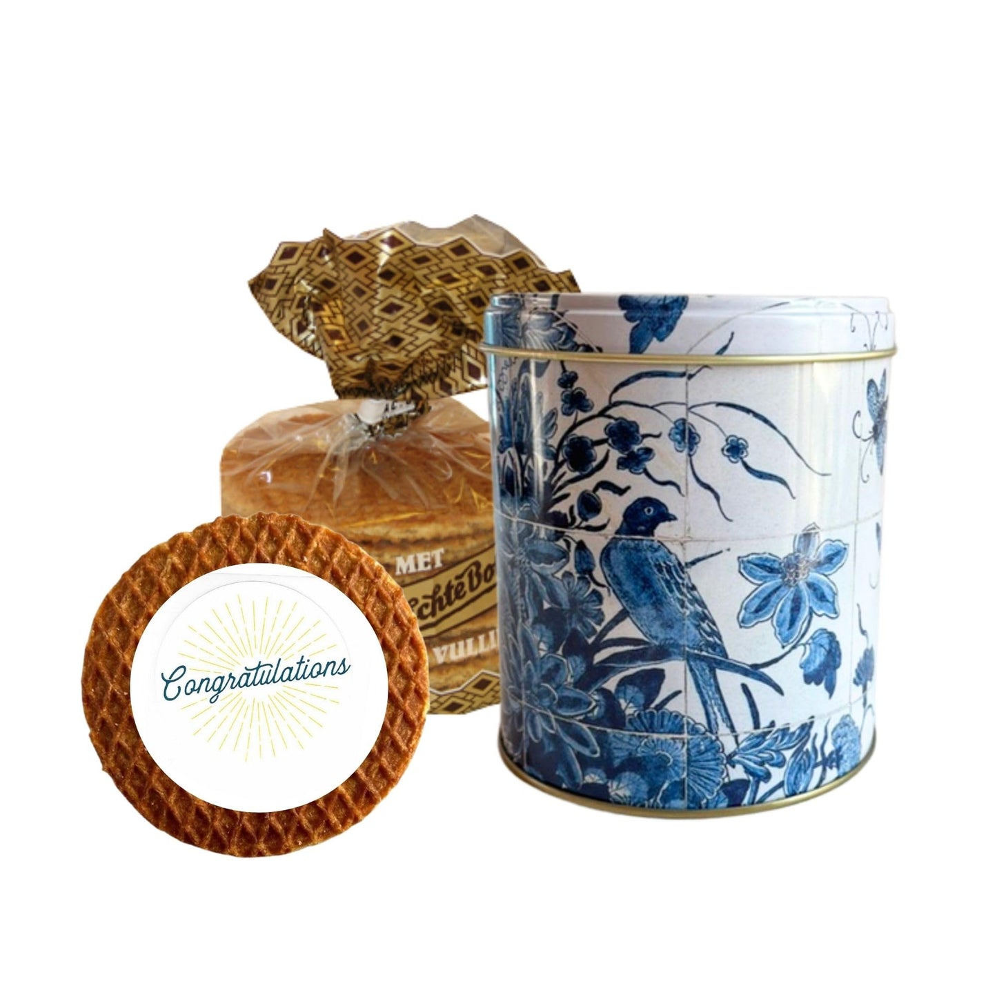 Dereuze Dutch Stroopwafels Gift Set With Decorative Netherlands Inspired Design Blue Tin And Special Occasion Gift Message Shipped In Organza Bag (Congratulations)
