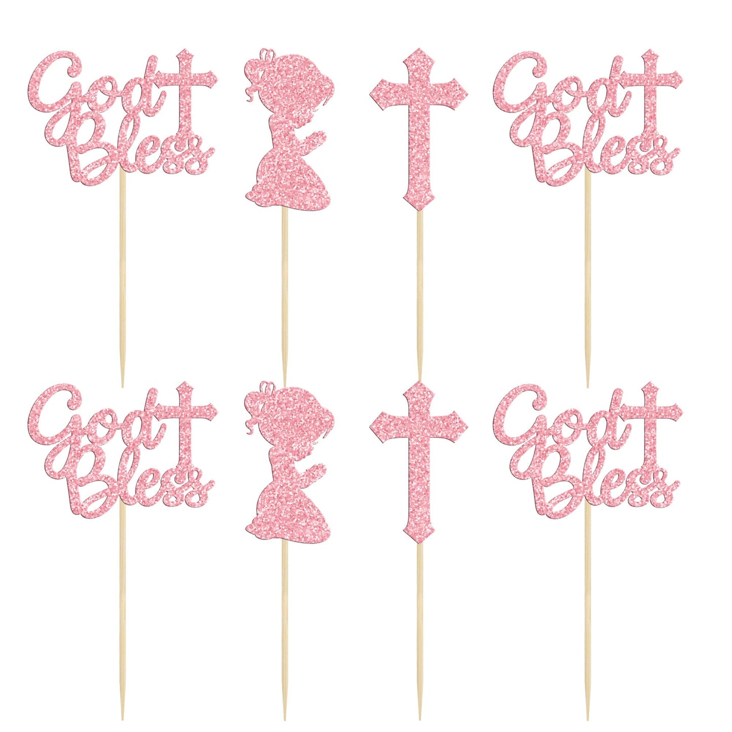 Gyufise 24Pcs Pink Glitter God Bless And Cross Cupcake Toppers Girl Babyshower Cake Topper Decorations For Babyshower Girl Bapti