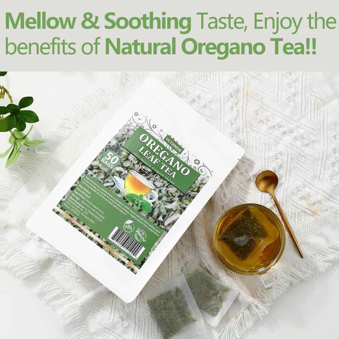 ULTHMOK Oregano Tea Bags, 100% Natural Leaves, Caffeine Free, 50 Count