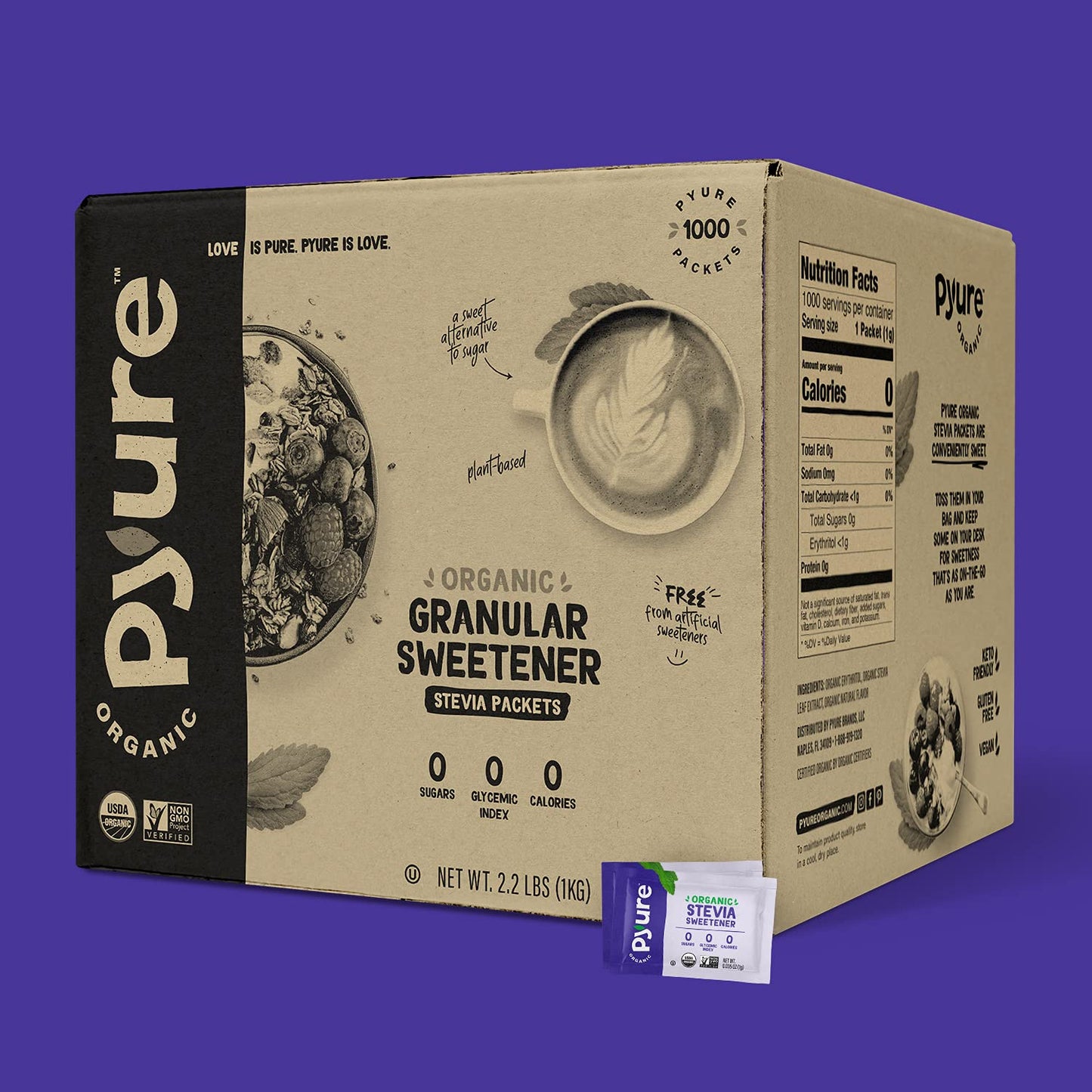 Pyure Organic Stevia Packets - Granulated Sugar Substitute, Zero Calorie, 1000 Count, 35 Ounce, Multicolor