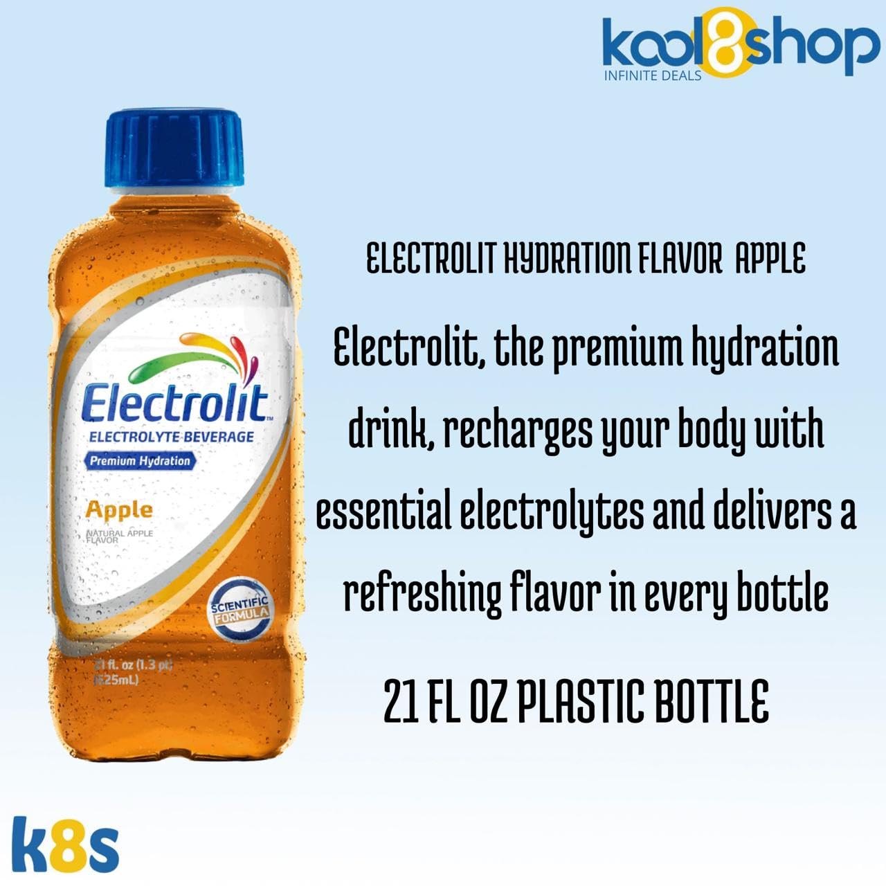Electrolit Apple Hydration Drink With Electrolytes 21 Fl Oz Plastic Bottles 9 Pack + 1 Microfiber Cooling Towel By Kool8Shop Inf