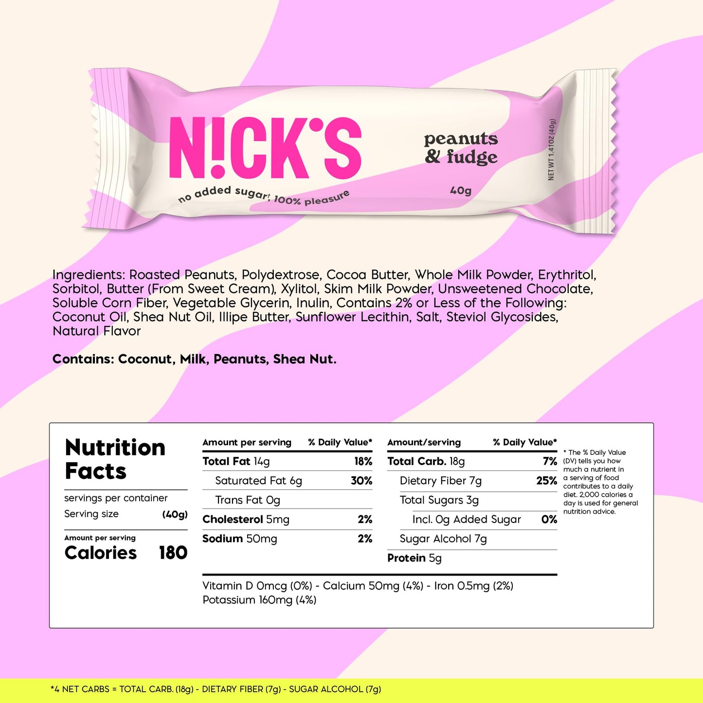 N!CKS Keto Chocolate Candy Bars, No Added Sugar, 180 Calories, 3g Net Carbs, Multipack of 15x40g