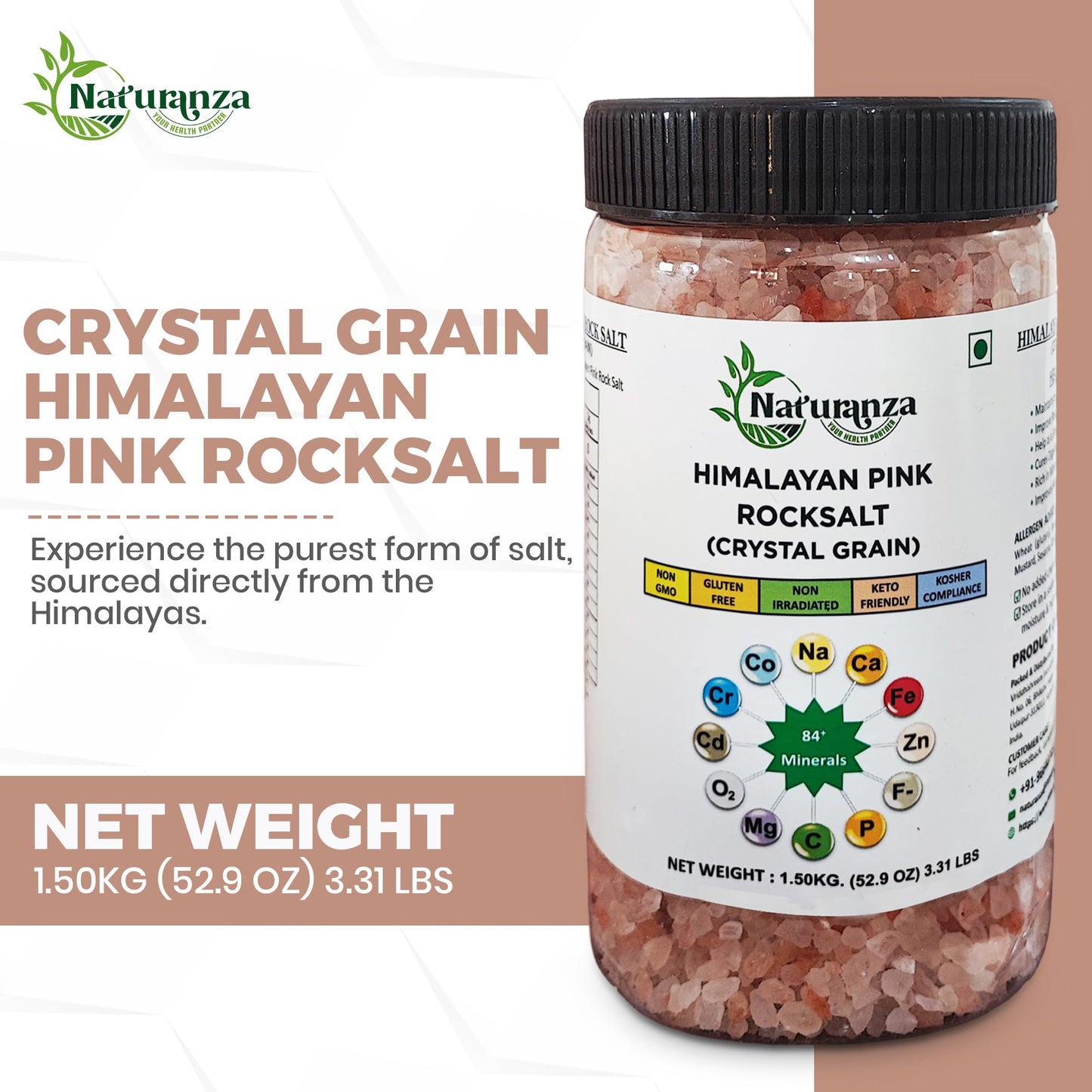 Naturanza Himalayan Pink Rock Salt Crystal Grain, 52.9 OZ, 100% Pure, Mineral-Rich, Non-GMO, Gluten-Free, Kosher