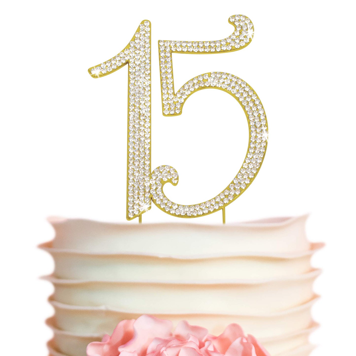 Crystal Creations 15 Cake Topper - Premium Gold Metal with Rhinestones - 1 Count - Perfect for 15th Birthday or Anniversary Party