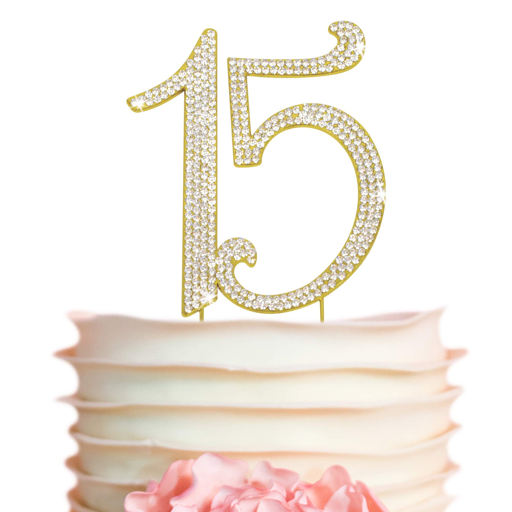 Crystal Creations 15 Cake Topper - Premium Gold Metal with Rhinestones - 1 Count - Perfect for 15th Birthday or Anniversary Party