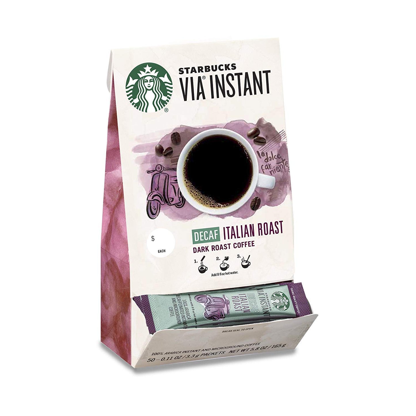Starbucks Via Instant Coffee, Dark Roast Coffee, Decaf Italian Roast, 100% Arabica, 1 Box (50 Packets)