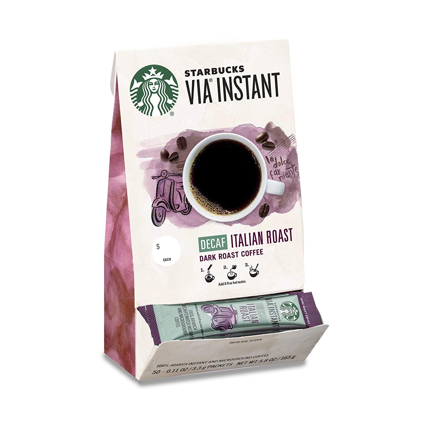 Starbucks Via Instant Coffee, Dark Roast Coffee, Decaf Italian Roast, 100% Arabica, 1 Box (50 Packets)
