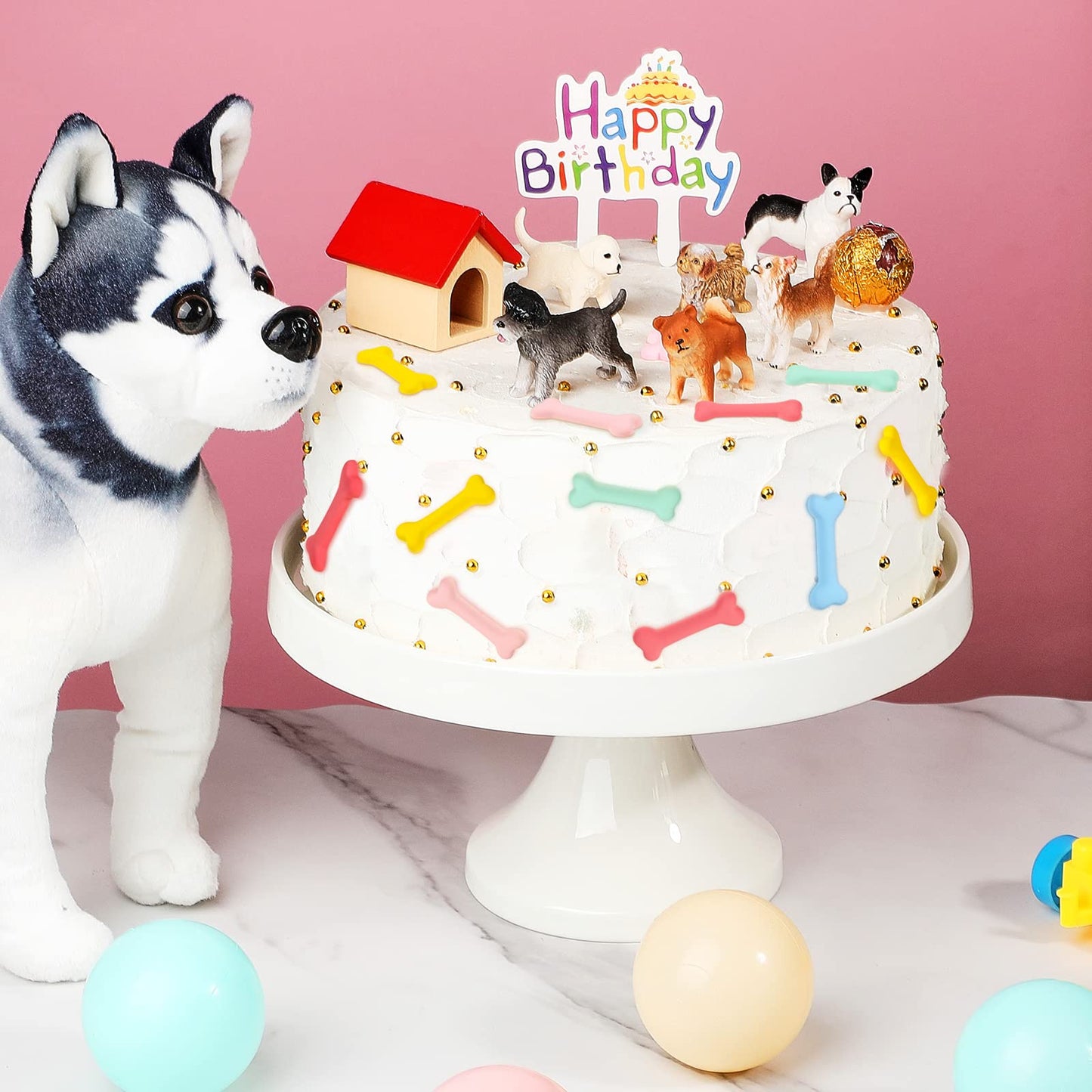 Chunful 18-Piece Dog Cake Topper Set, Plastic Puppy Figurines, Dog Bone & Kennel Decorations, Vivid Style, White/Black/Brown
