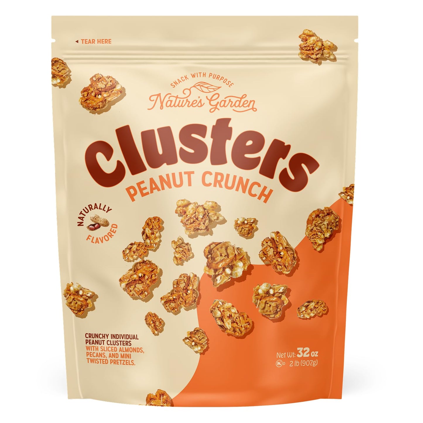 Natures Garden Clusters Peanut Crunch  32Oz Pouch - Big Chunky Nut & Pretzel Snack Bites With Almonds  Pecans - Crunchy  Nutrient-Dense  Guilt-Free Treats For 18+ Uses & Kids