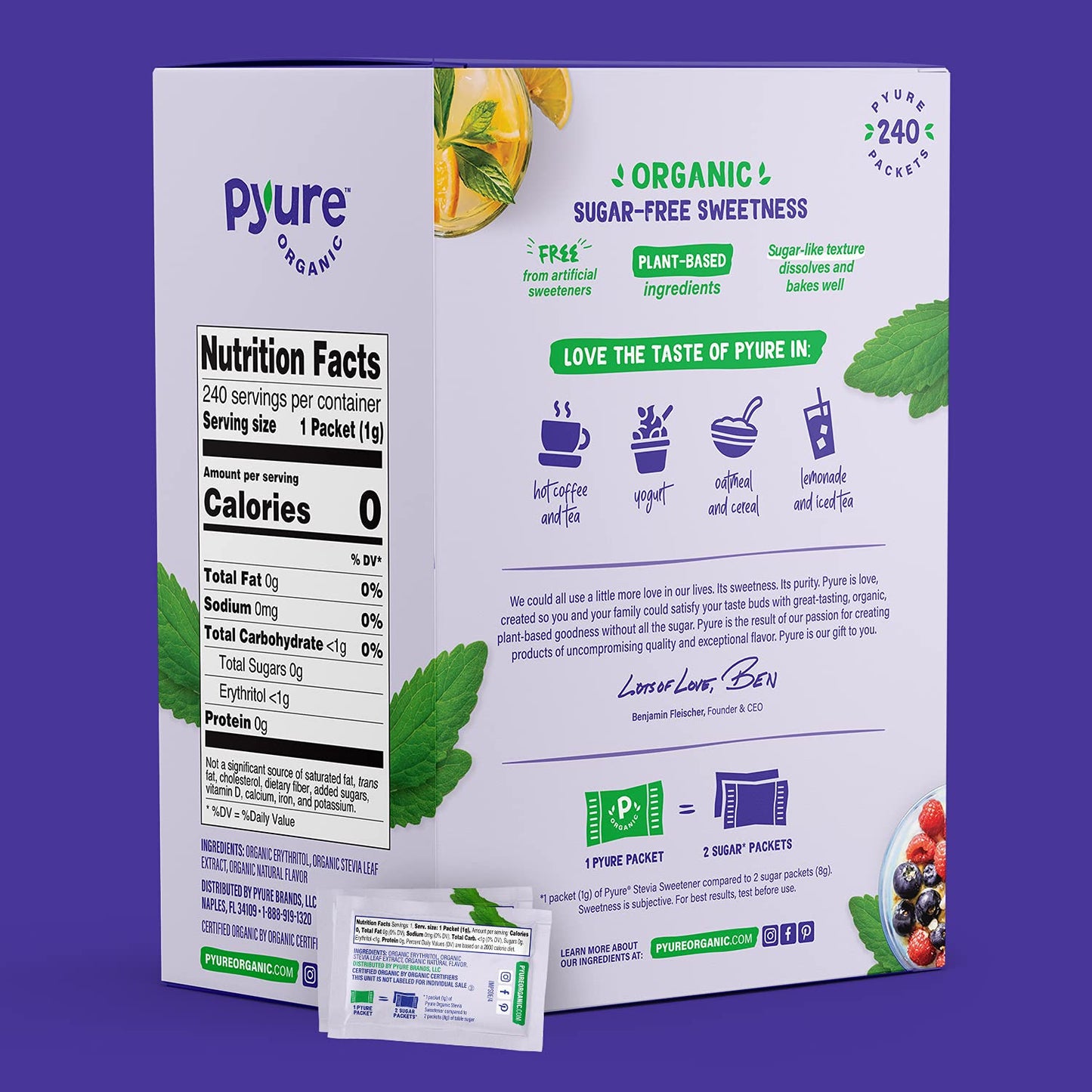 Pyure Organic Stevia Packets | Granulated Sugar Packets - White Sugar Substitute | Zero Carb, Zero Sugar, Zero Calorie Sweetener