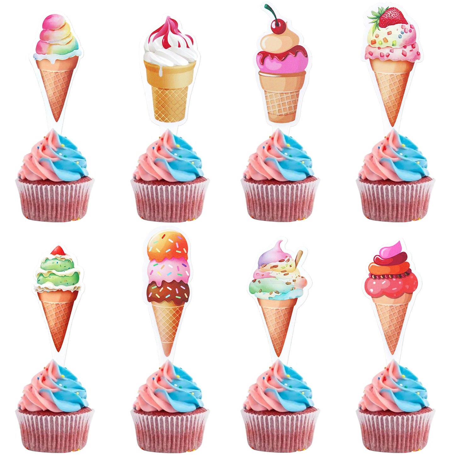 Ercadio 32 Pack Double Sided Ice Cream Cupcake Toppers Glitter Cupcake Picks for Baby Shower Birthday Summer Hawaii Theme Party 