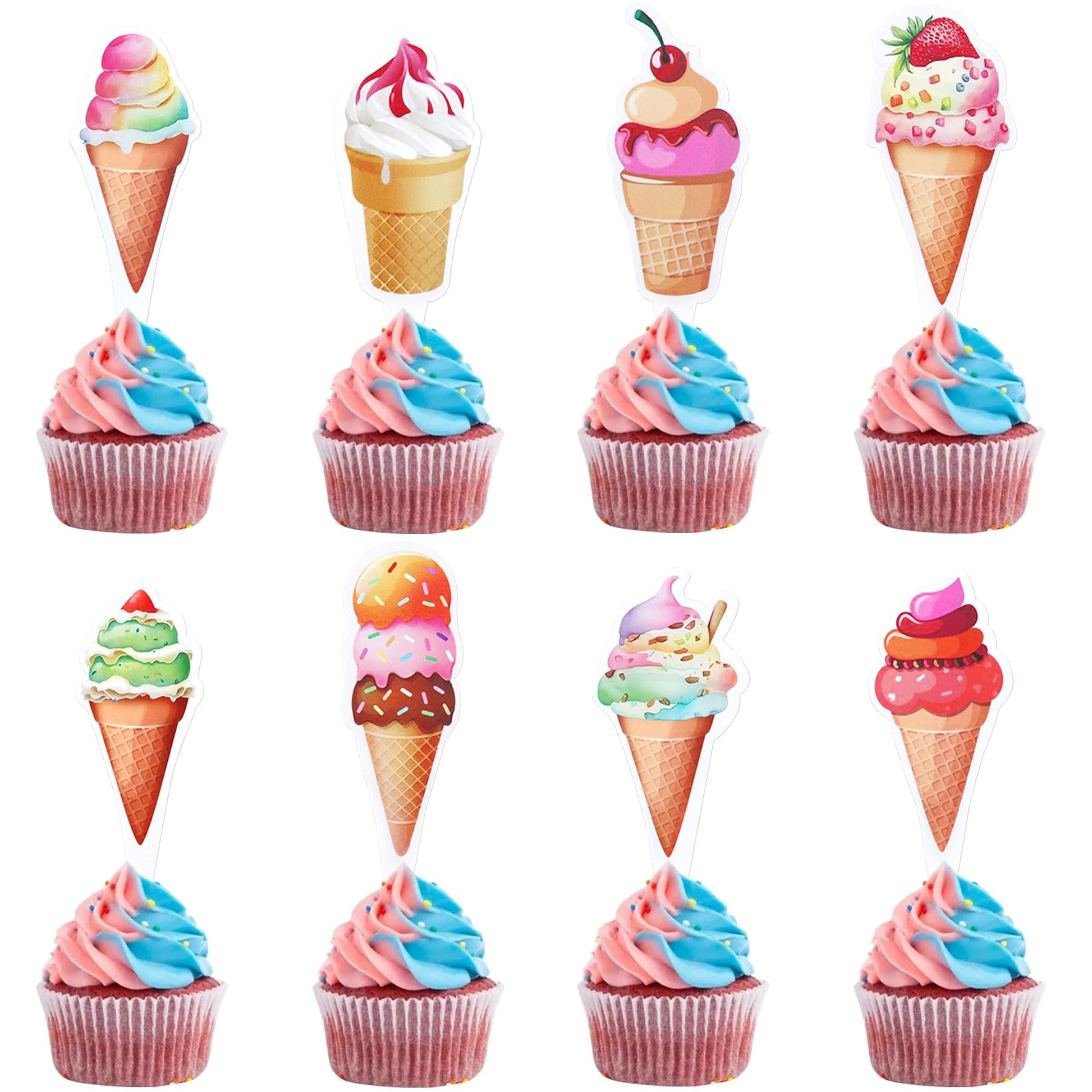 Ercadio 32 Pack Double Sided Ice Cream Cupcake Toppers Glitter Cupcake Picks for Baby Shower Birthday Summer Hawaii Theme Party 