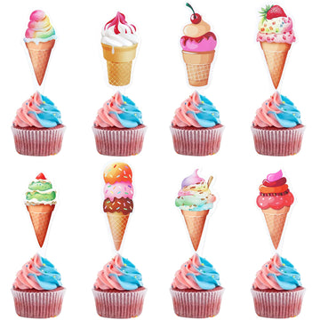 Ercadio 32 Pack Double Sided Ice Cream Cupcake Toppers Glitter Cupcake Picks for Baby Shower Birthday Summer Hawaii Theme Party 