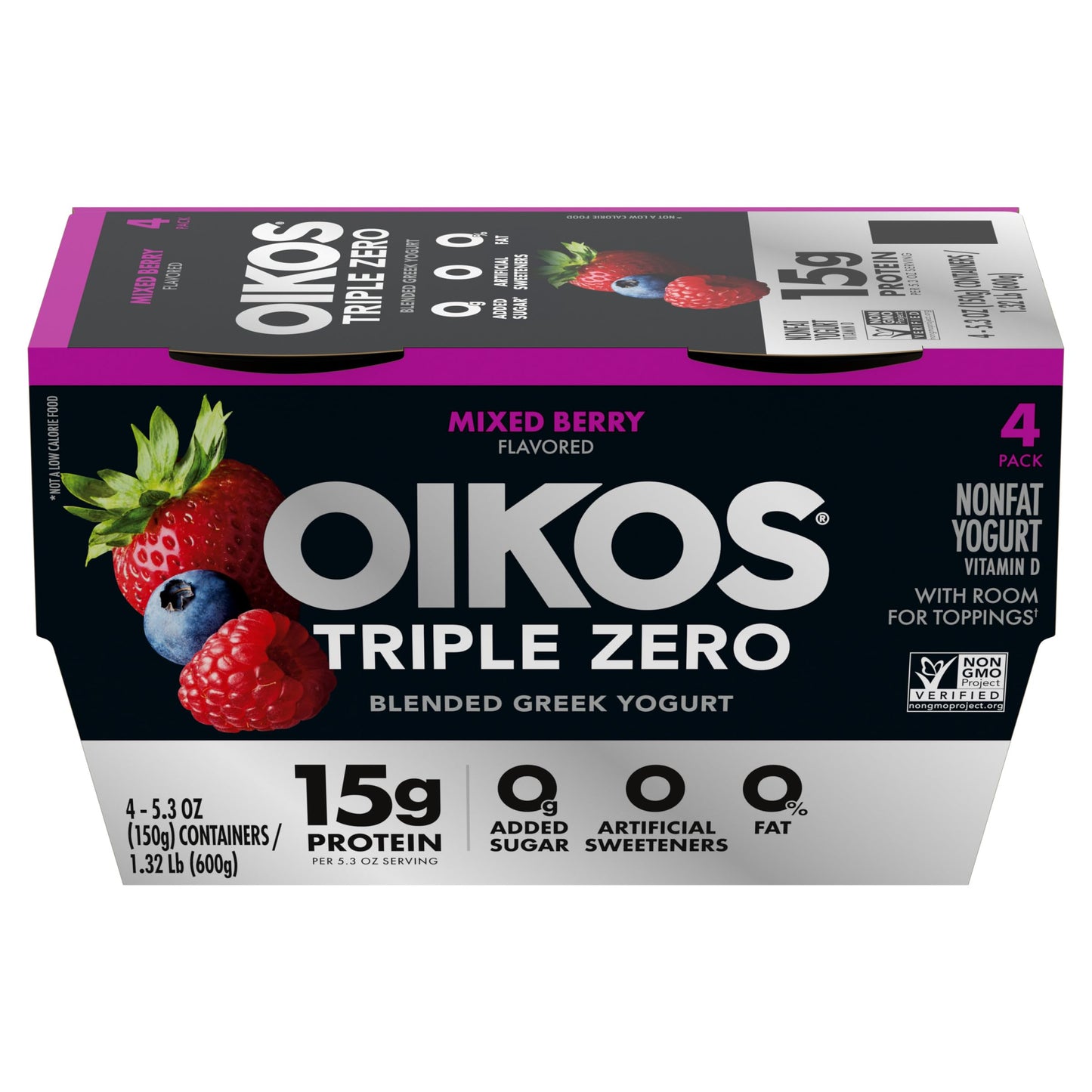Oikos Triple Zero Mixed Berry Nonfat Greek Yogurt Pack, 0% Fat, 0g Added Sugar and 0 Artificial Sweeteners, Just Delicious High