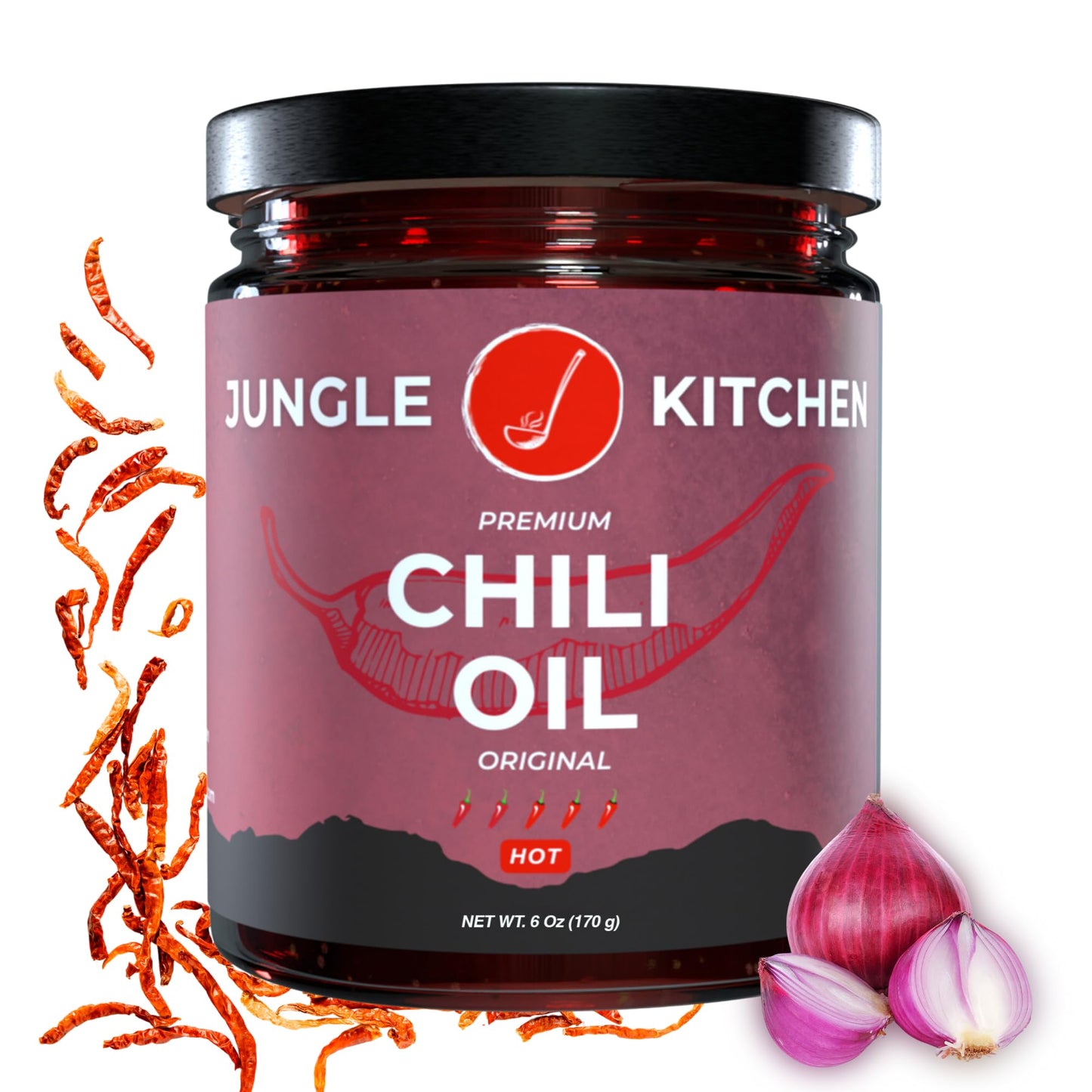 Jungle Kitchen Spicy Crunchy Garlic Chili Oil Vegan & Gluten-Free - Spicy Chili Crisp- Crunchy Garlic Chilli Oil Spicy Great Sau
