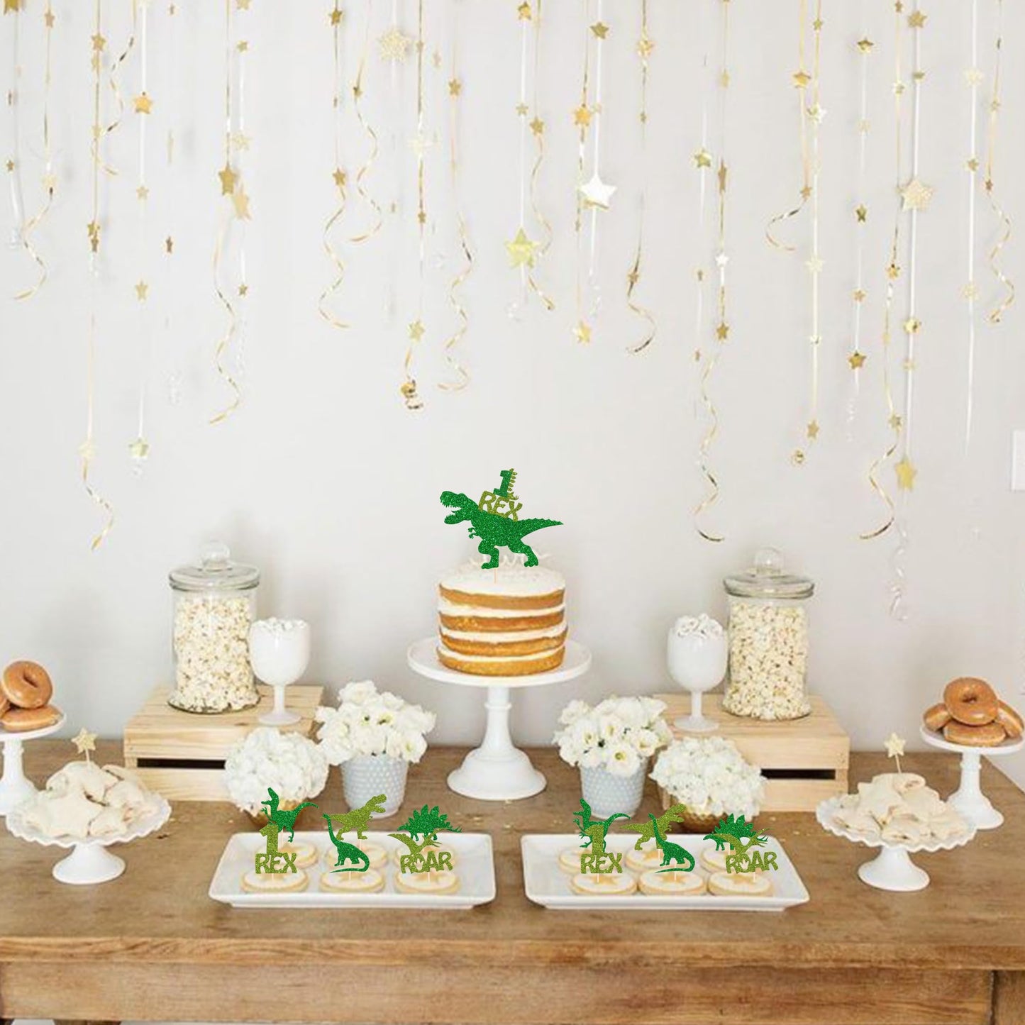 YCTHUNFISH Dinosaur Cupcake Toppers 25 Pack Glitter Green Paper Picks for Baby Shower Birthday Party