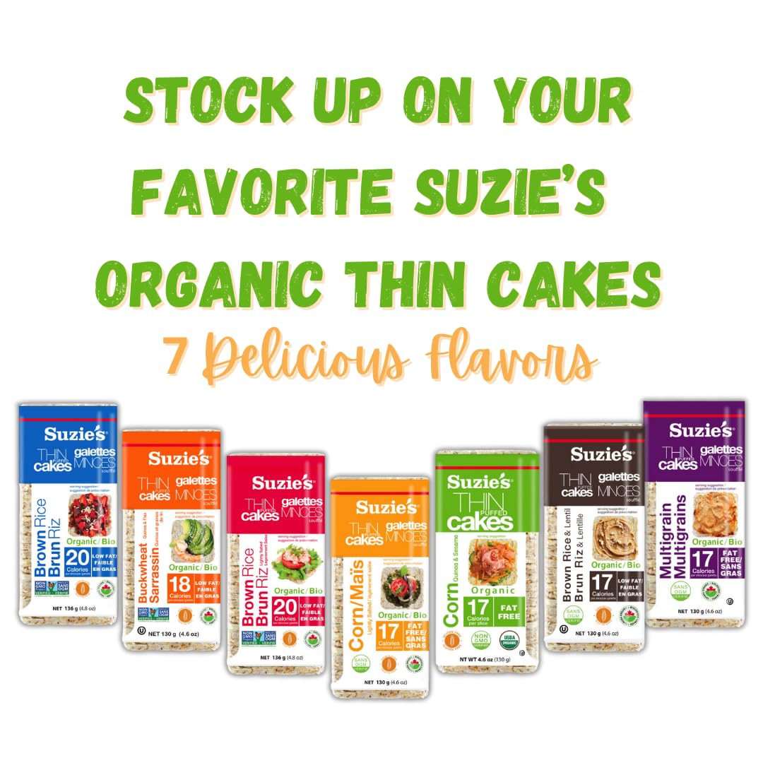 Suzie'S Organic Rice Cakes Thins|6 Pack|Corn Quinoa & Sesame|Usda Organic, Non-Gmo, Fat-Free, Sugar-Free, Gluten-Free|Low-Calori