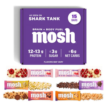 Mosh Variety Pack Keto Protein Bars, High Fiber, Low Carb, Gluten Free, High Protein, Brain Healthy Snack With Ashwagandha, Lions Mane, 15 Count